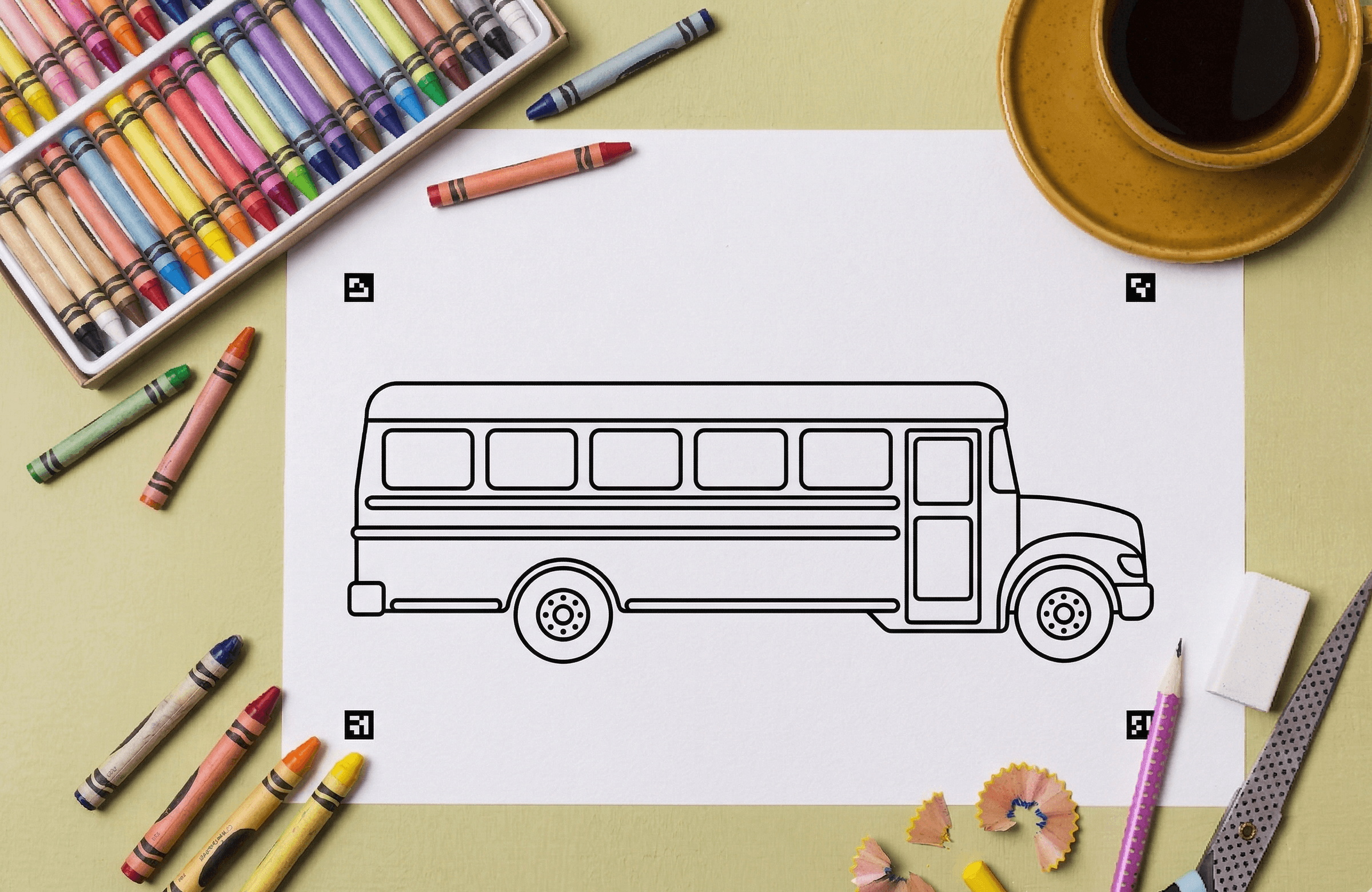 Preview trial transportasi dengan karakter bus dan kode QR